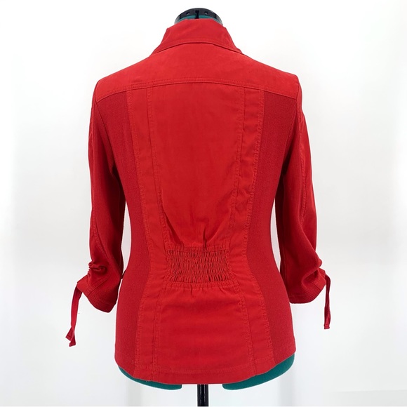 Orly Red Nylon with Ribbed Sides 3/4 Ruched Sleeves Zipper Front Jacket, 10 - Picture 8 of 16
